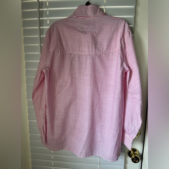Karl Lagerfeld Paris Top Blouse Collared Shirt Logo XOXO Eiffel Striped Pink S - Picture 3 of 11